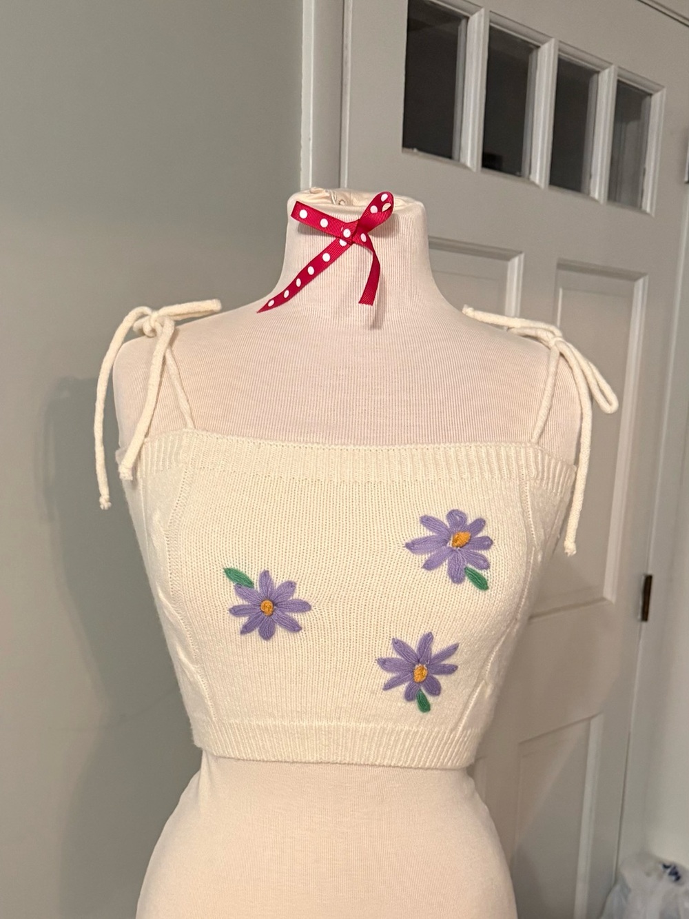 Cream Floral Knit Tie-Strap Crop Top